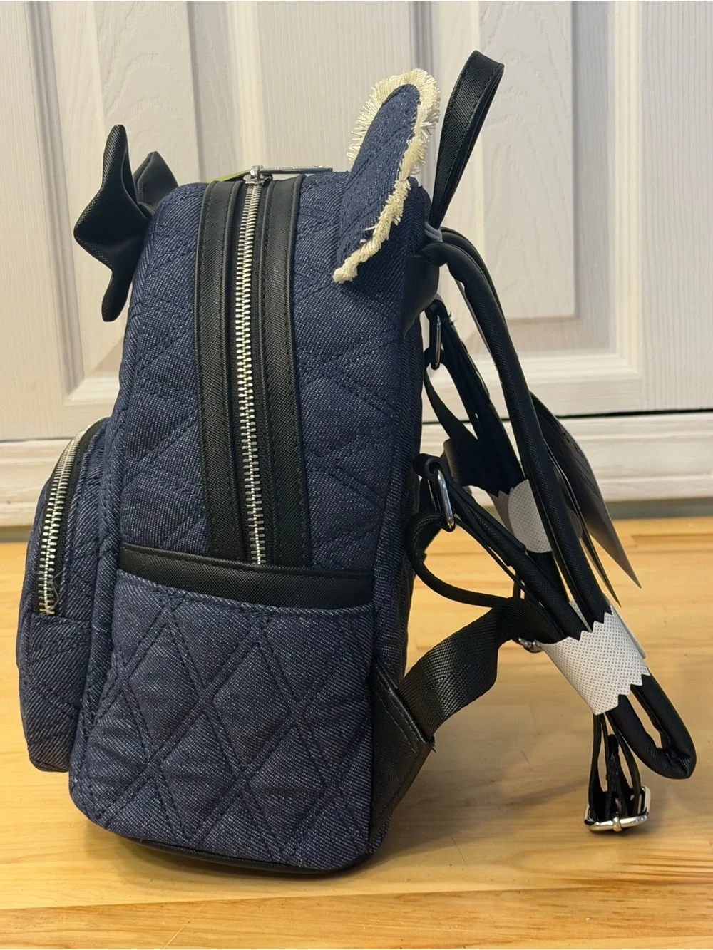 Loungefly Denim Quilted Kids Mini Backpack with Black Bow